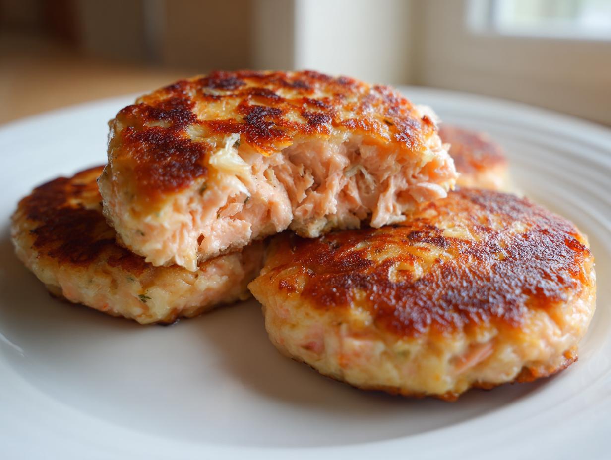 Close-up of golden-brown, pan-fried salmon patties, one cut open showing the flaky pink salmon inside.