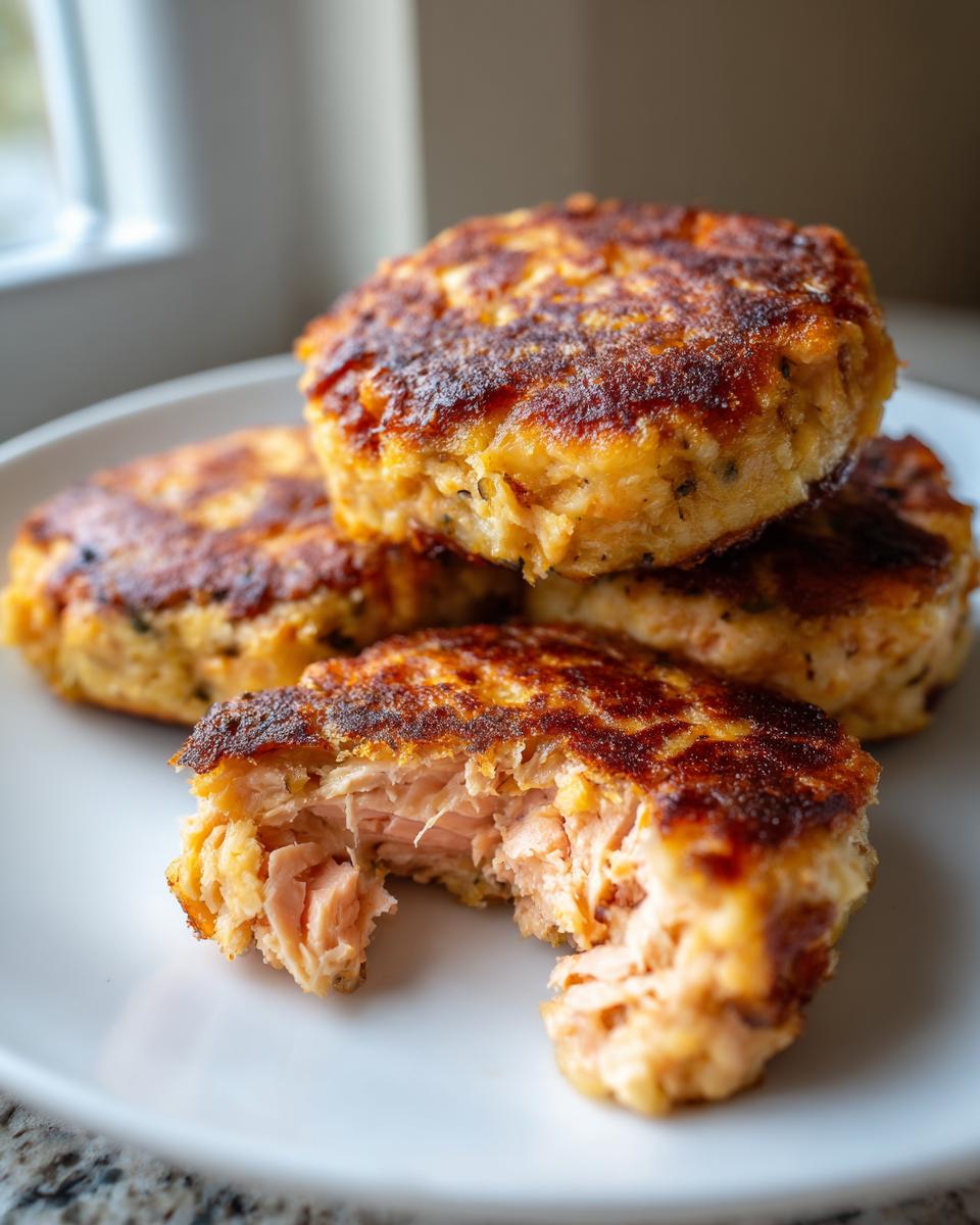 Close-up of golden-brown salmon patties stacked on a white plate, one bitten to show the flaky interior.