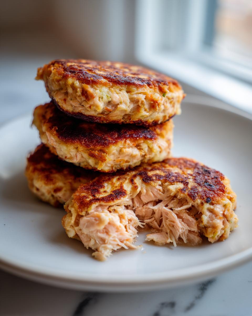 A stack of three golden brown salmon patties, with one broken open showing the flaky interior.