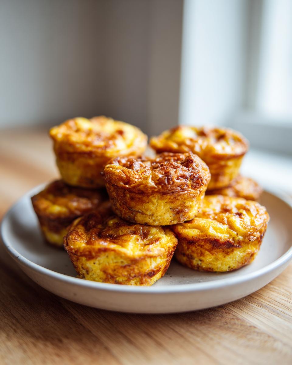 A stack of freshly baked, golden brown sausage egg bites piled high on a small white plate.