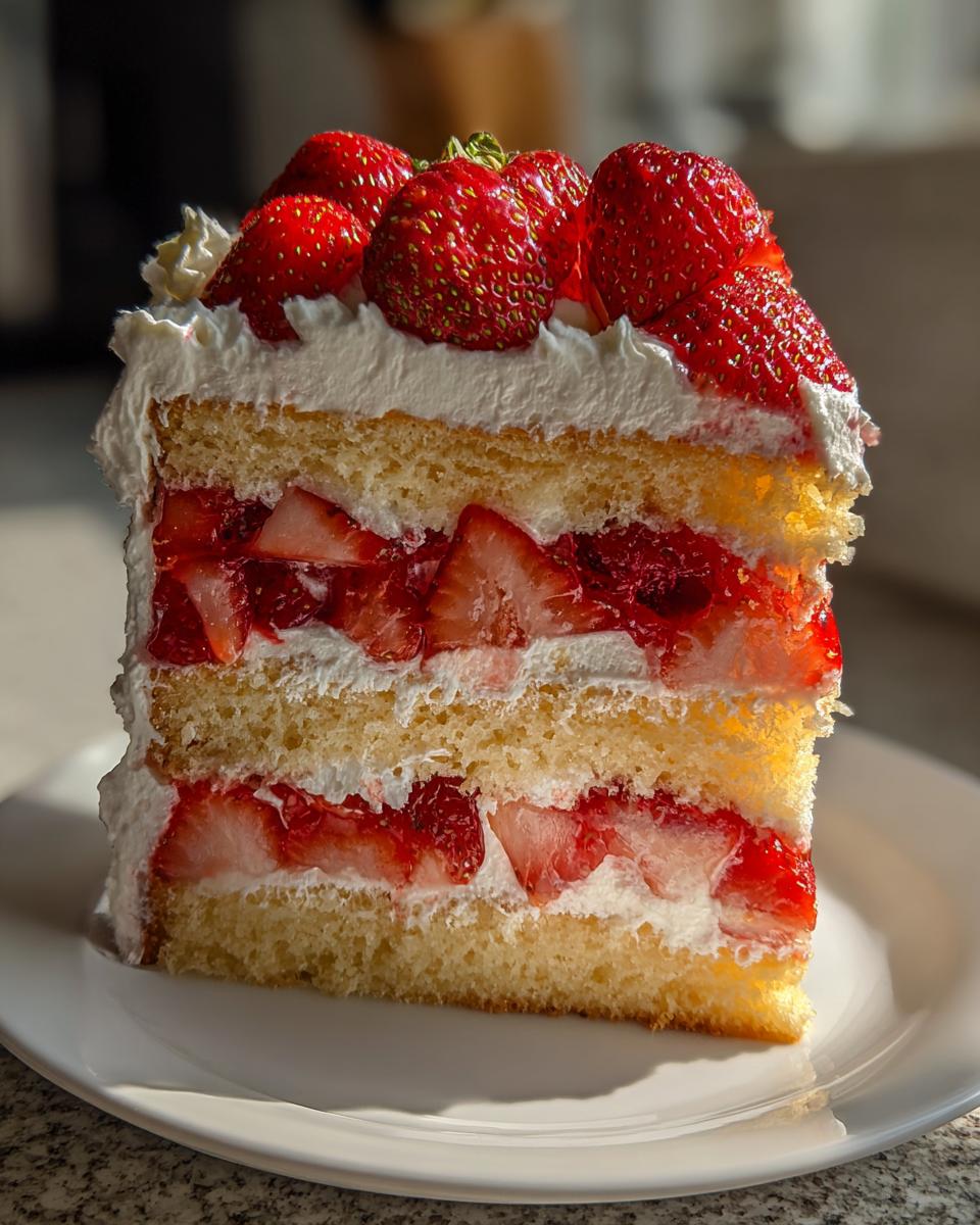 A tall, layered slice of strawberry shortcake cake featuring sponge cake, whipped cream, and fresh strawberries.