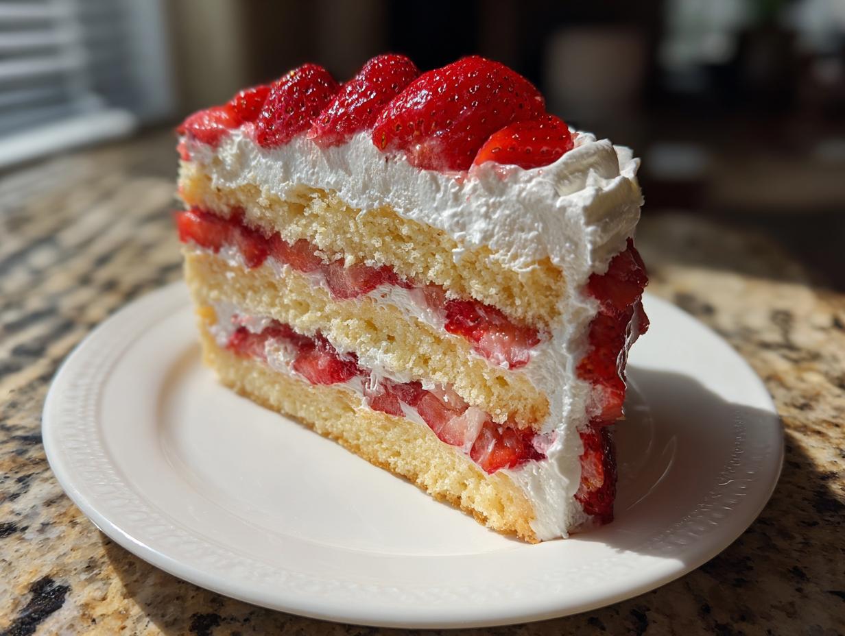 A perfect slice of strawberry shortcake cake featuring layers of sponge cake, whipped cream, and fresh strawberries.