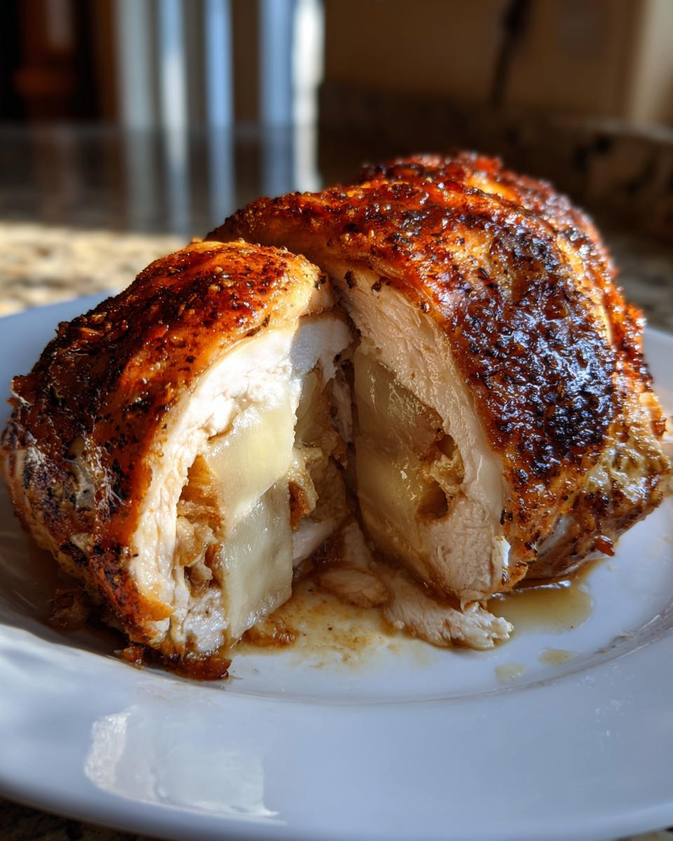 Cross-section of a perfectly cooked apple and brie stuffed chicken, showing melted brie and apple slices inside.