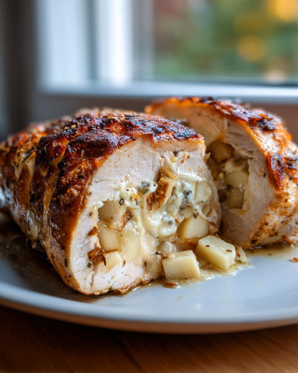 Close-up of apple and brie stuffed chicken cut in half, showing melted brie and diced apples inside the seasoned chicken.
