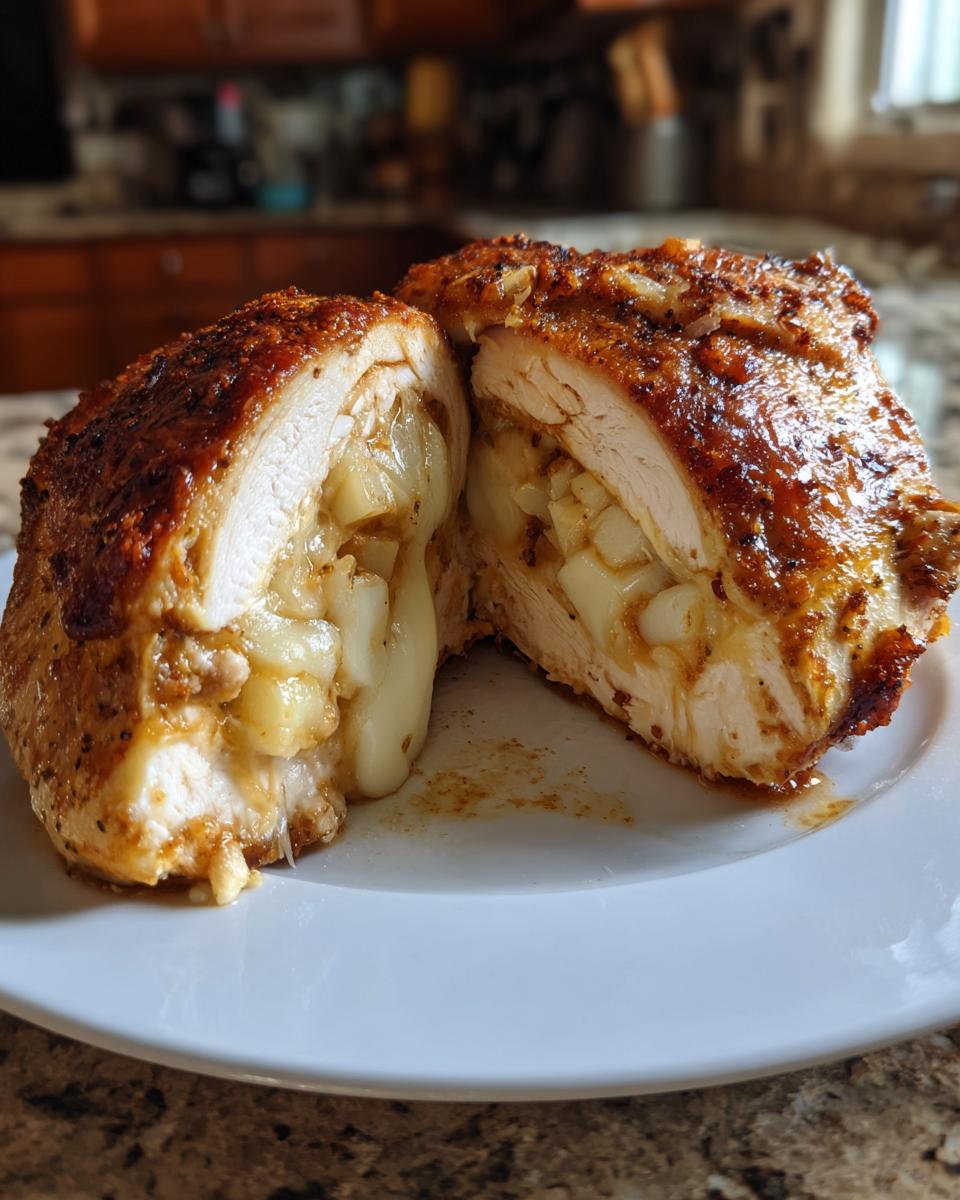 A juicy apple and brie stuffed chicken breast cut in half, showing melted brie cheese and apple chunks inside.