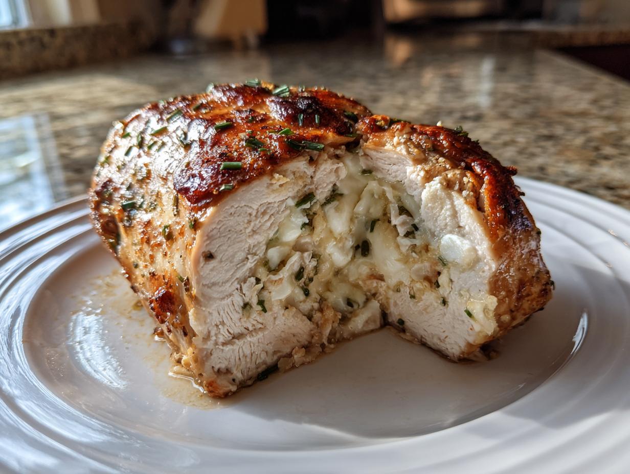 A juicy cross-section of apple and brie stuffed chicken breast, showing melted brie filling and browned skin.