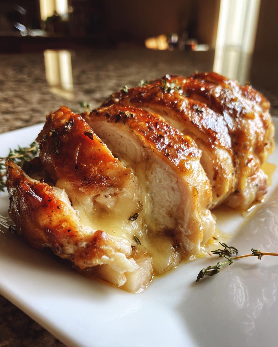 Sliced apple and brie stuffed chicken breast showing melted brie cheese oozing out, garnished with thyme.