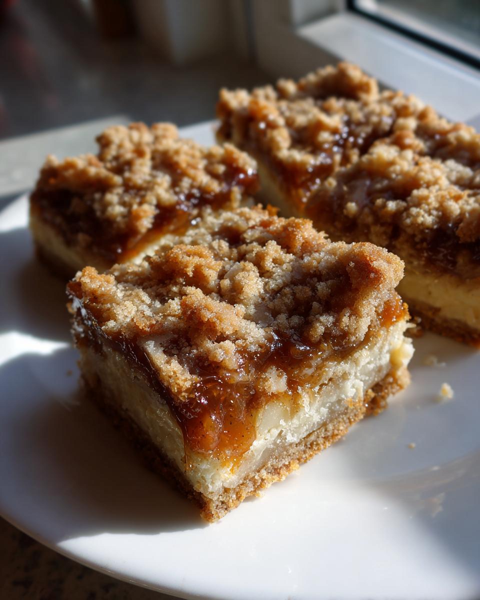 Three delicious apple cheesecake bars with a crumb topping sitting on a white plate.