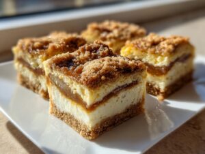 Four squares of delicious apple cheesecake bars showing the graham cracker crust, creamy filling, apple layer, and crumb topping.