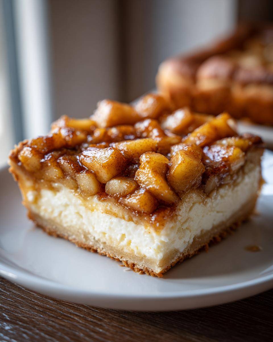 Close-up of a thick slice of apple cheesecake bars showing a crust, creamy filling, and caramelized apple topping.