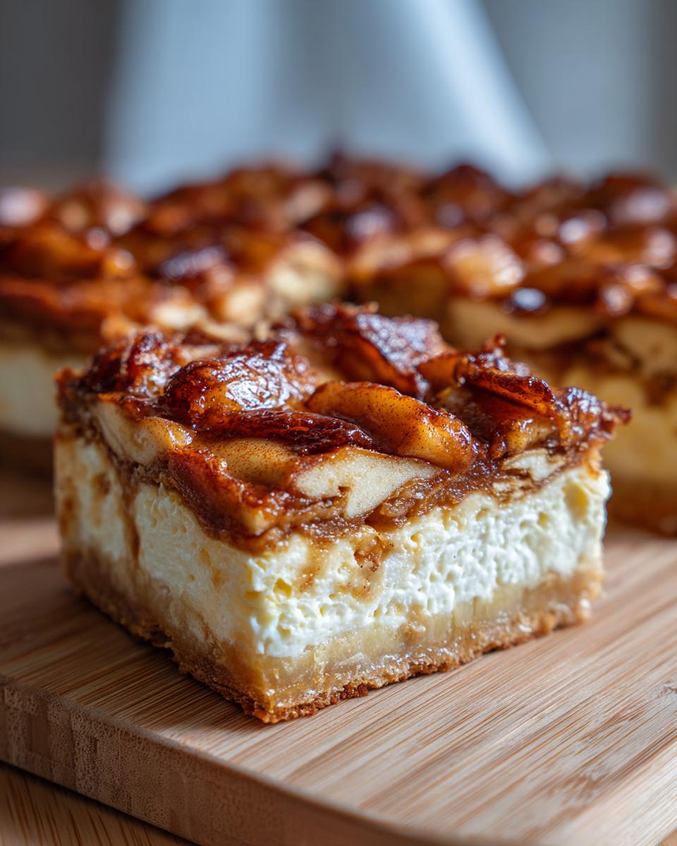 A thick slice of apple cheesecake bars with crescent rolls, showing a creamy white filling and caramelized apple topping.