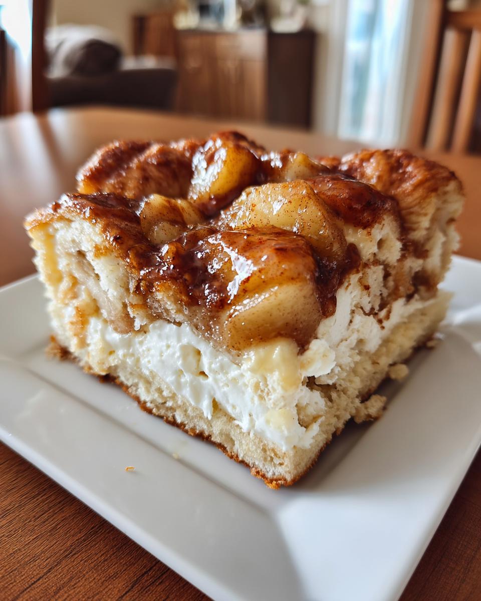 Close-up of a square slice of apple cheesecake bars with crescent rolls, showing layers of crust, cream cheese filling, and cinnamon apple topping.