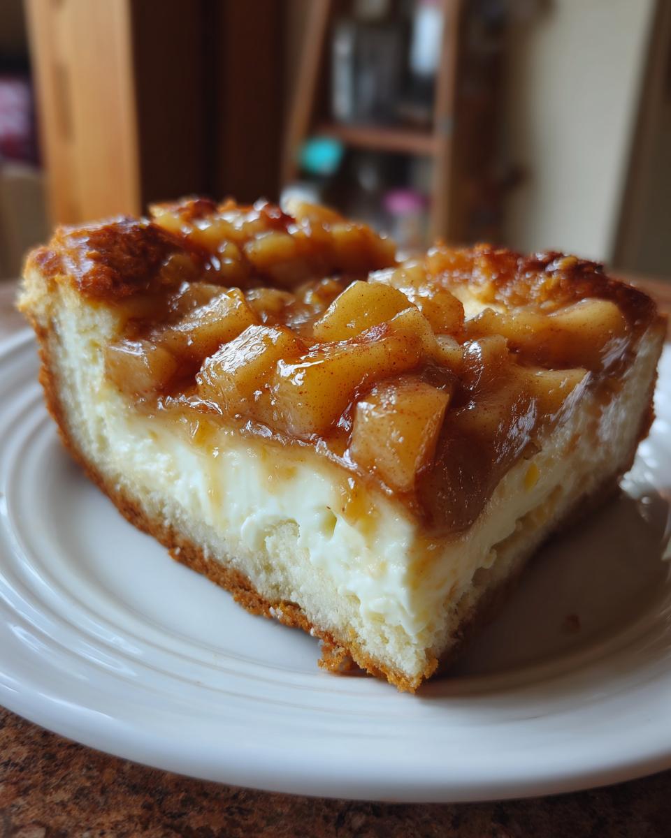A close-up of a single serving of apple cheesecake bars with crescent rolls, showing a thick cream cheese layer and cinnamon apple topping.