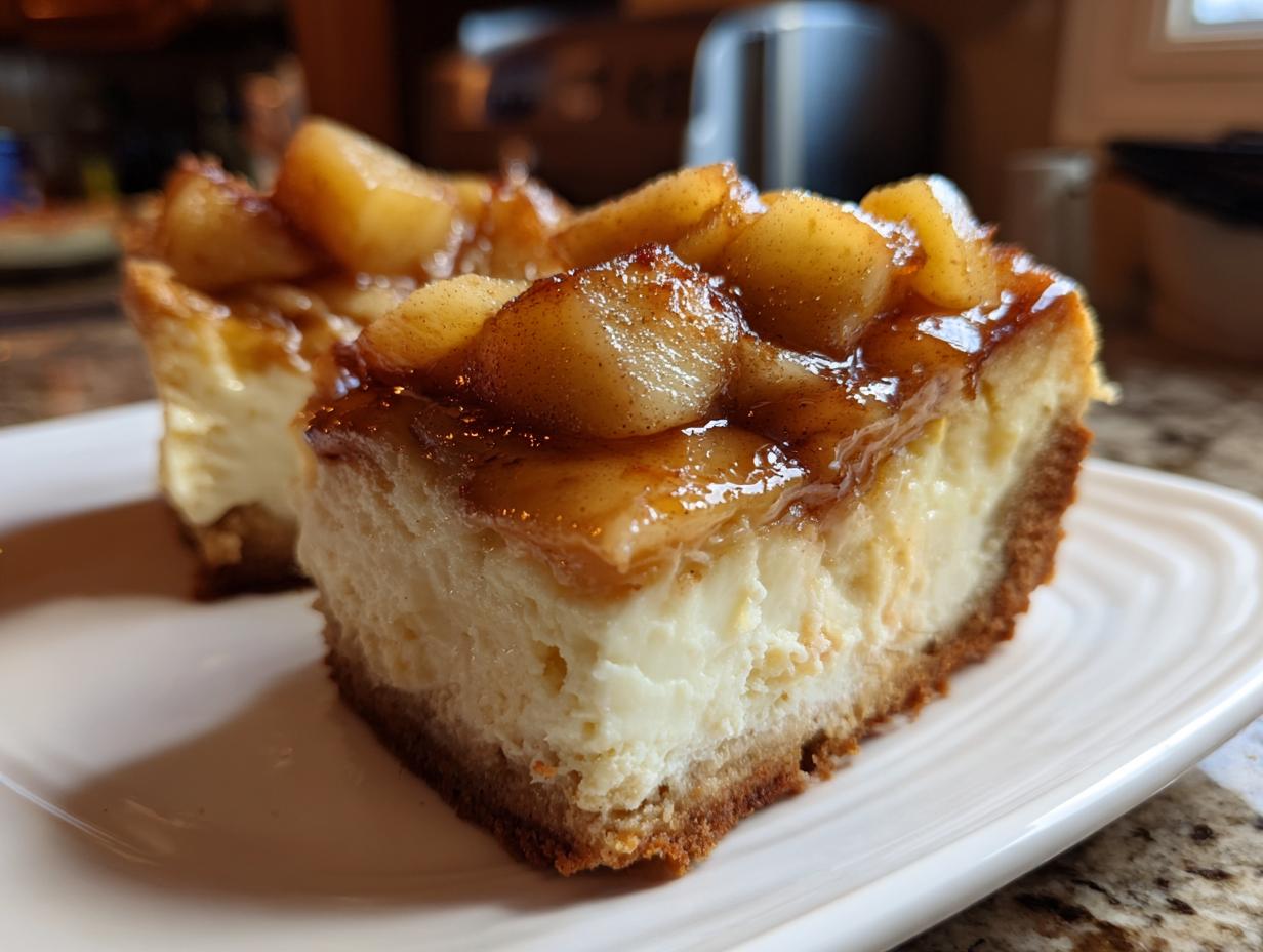 A close-up of a thick slice of apple cheesecake bars with crescent rolls, topped with glazed cinnamon apples.