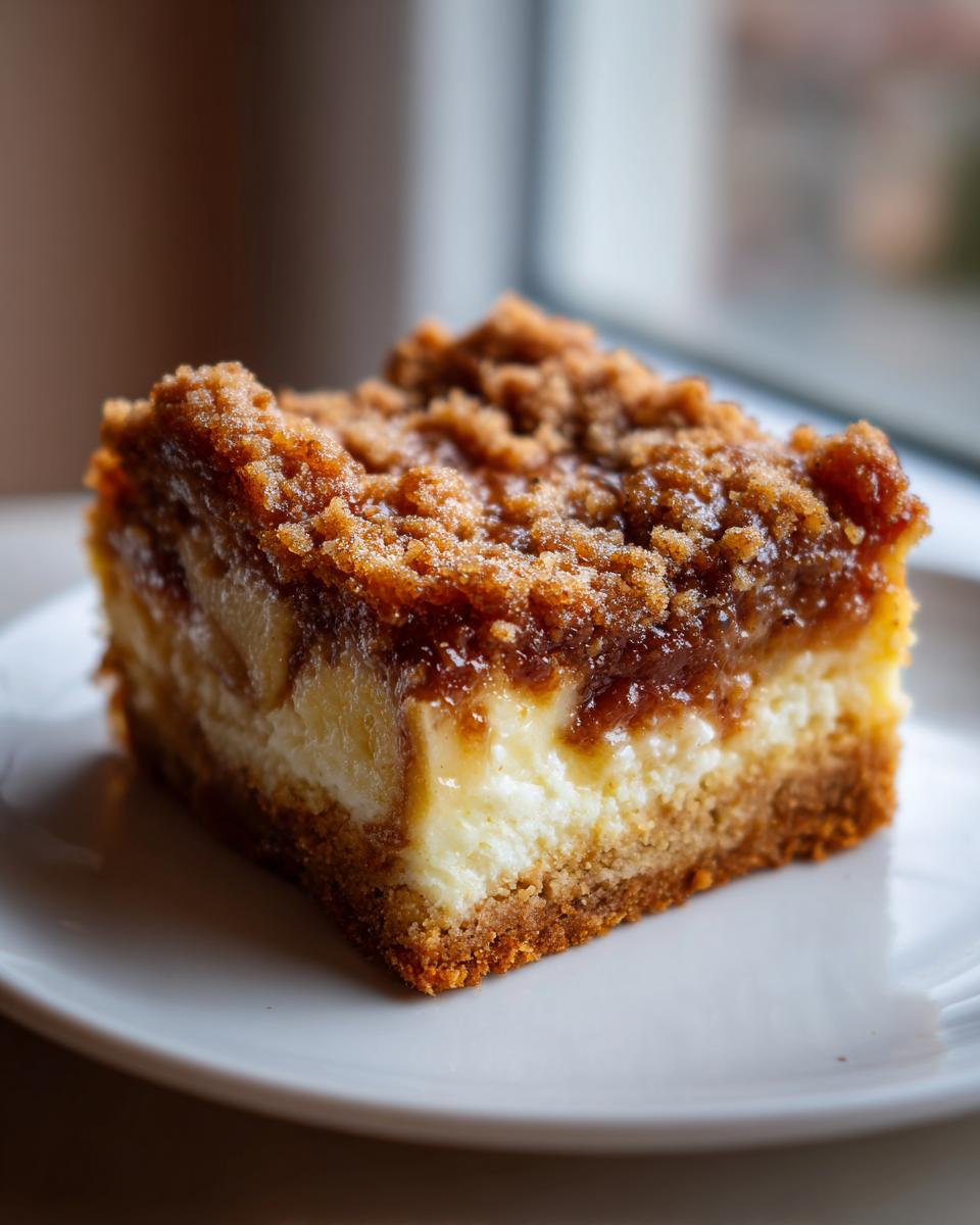 A close-up of a single, thick slice of apple cheesecake bars featuring a graham cracker crust, creamy filling, and brown sugar crumble topping.