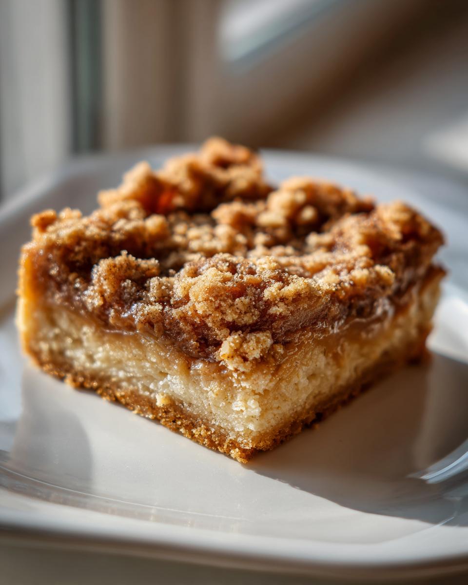 A single, thick slice of apple cheesecake bars with a crumb topping, sitting on a white plate.