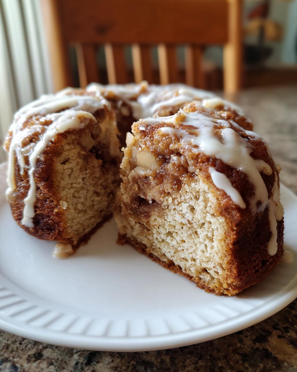 A slice removed from an apple cinnamon roll cake recipe, showing the moist crumb and cinnamon swirl, drizzled with white icing.