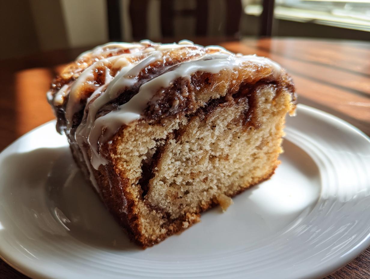 A close-up of a moist slice of apple cinnamon roll cake recipe topped with thick white icing.