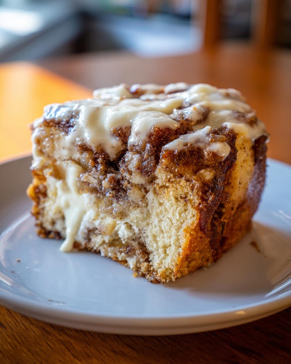 Close-up of a moist slice of apple cinnamon roll cake recipe topped with thick, white cream cheese frosting.