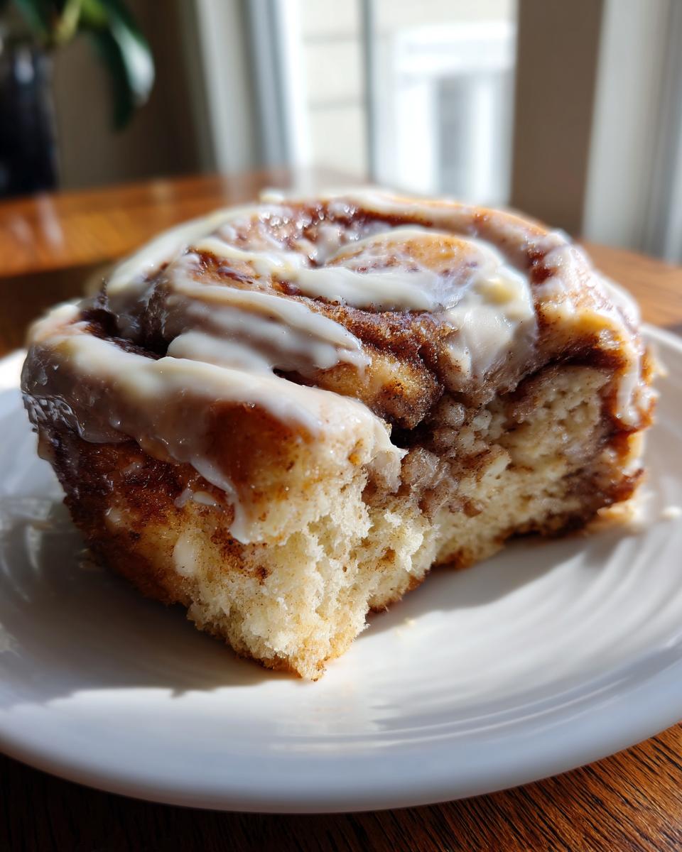 A close-up of a soft, fluffy slice from an apple cinnamon roll cake recipe, drizzled generously with white icing.