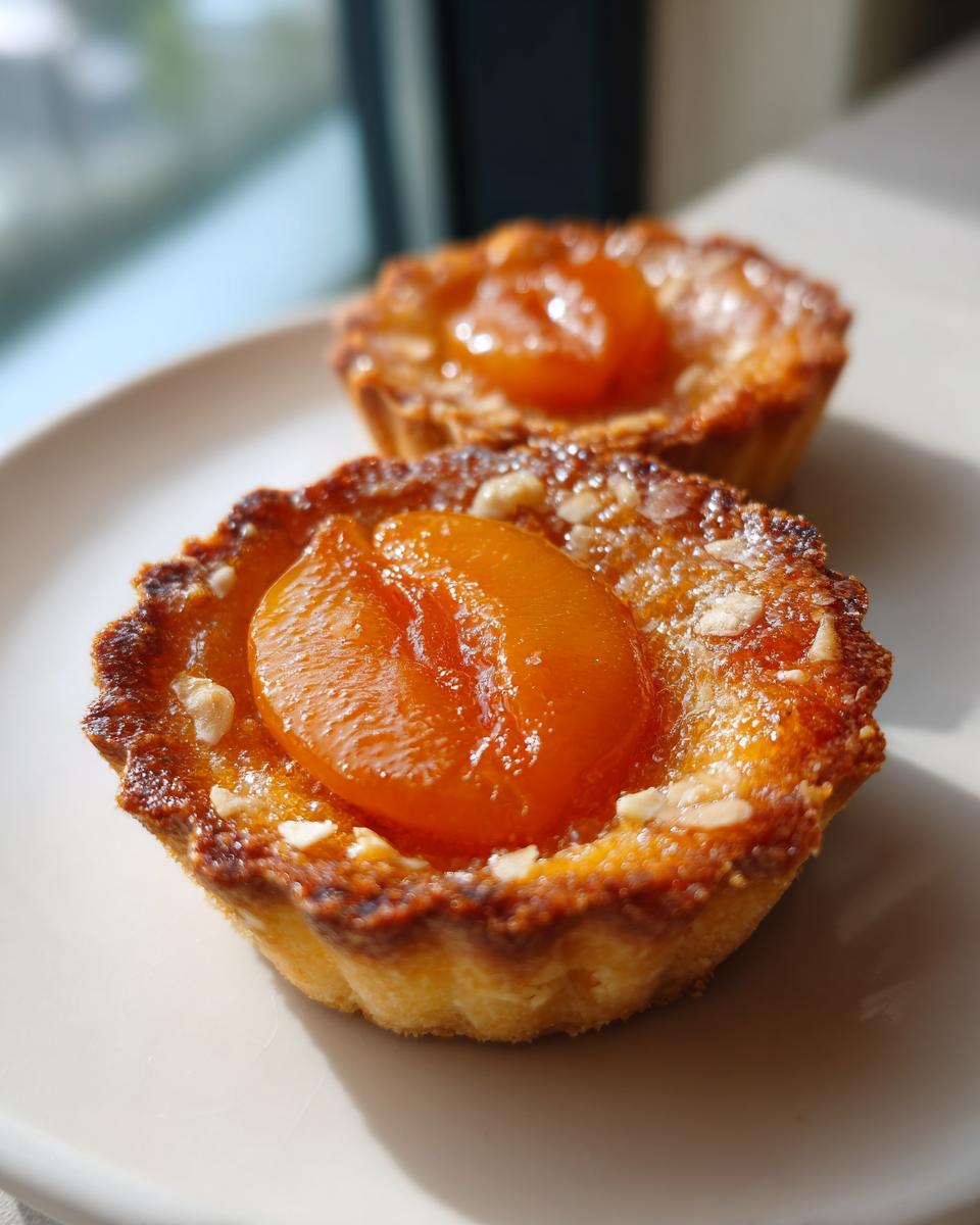 Close-up of two golden-brown apricot-almond tartlets topped with a glistening apricot half and slivered almonds.