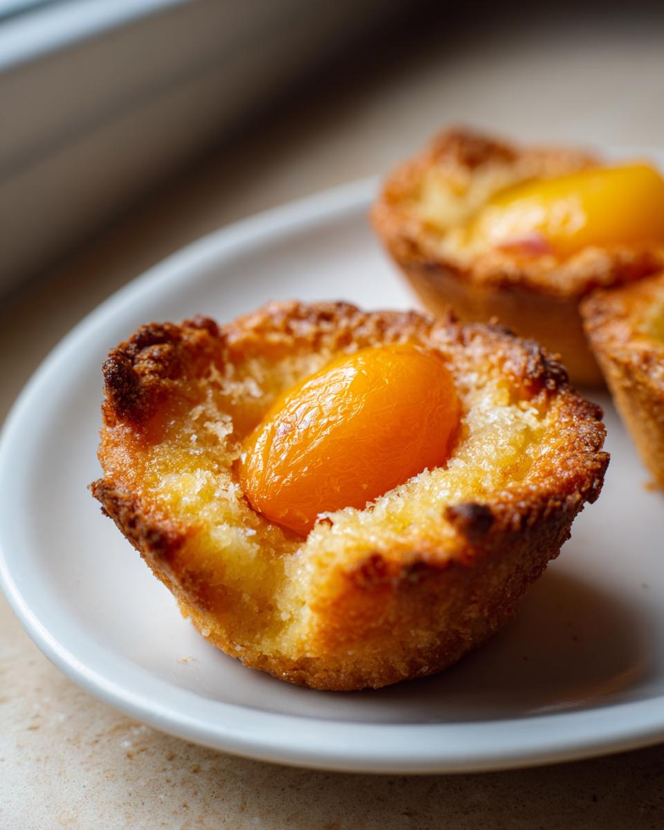 Close-up of a freshly baked apricot-almond tartlet featuring a bright orange apricot half nestled in a golden almond filling.