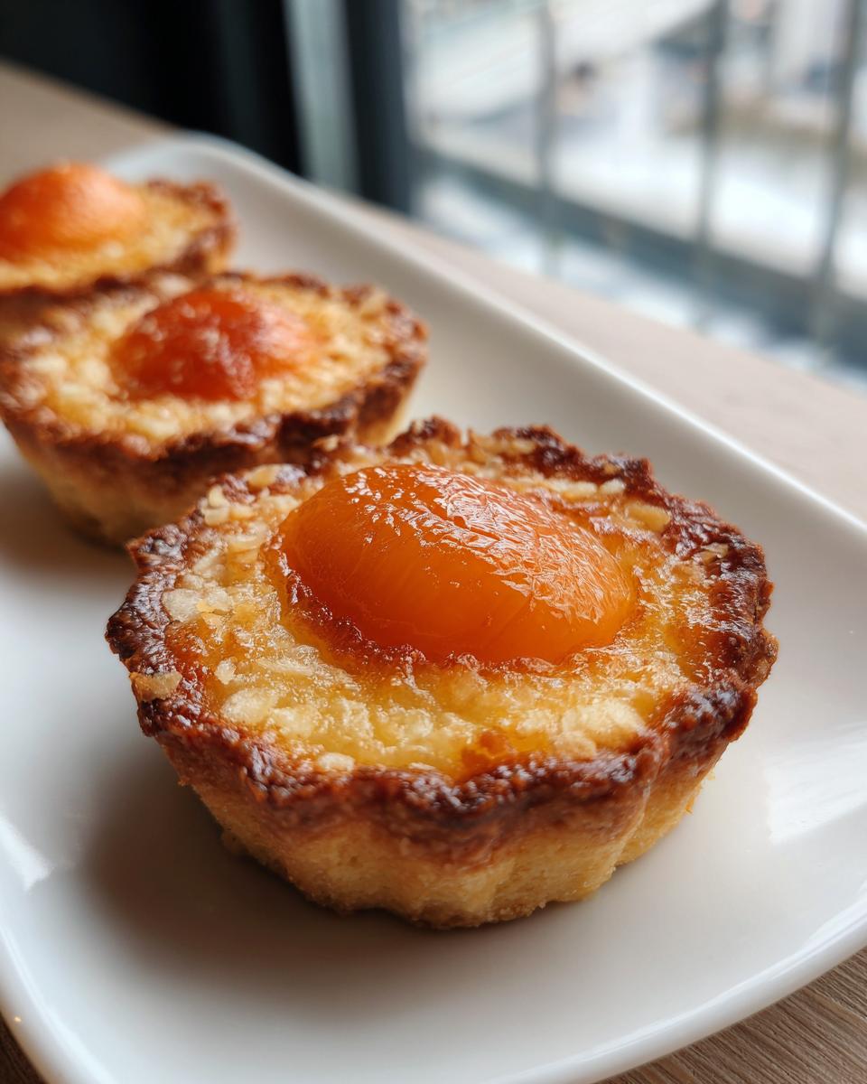 Close-up of freshly baked apricot-almond tartlets showing a caramelized edge and a glistening apricot half on top.