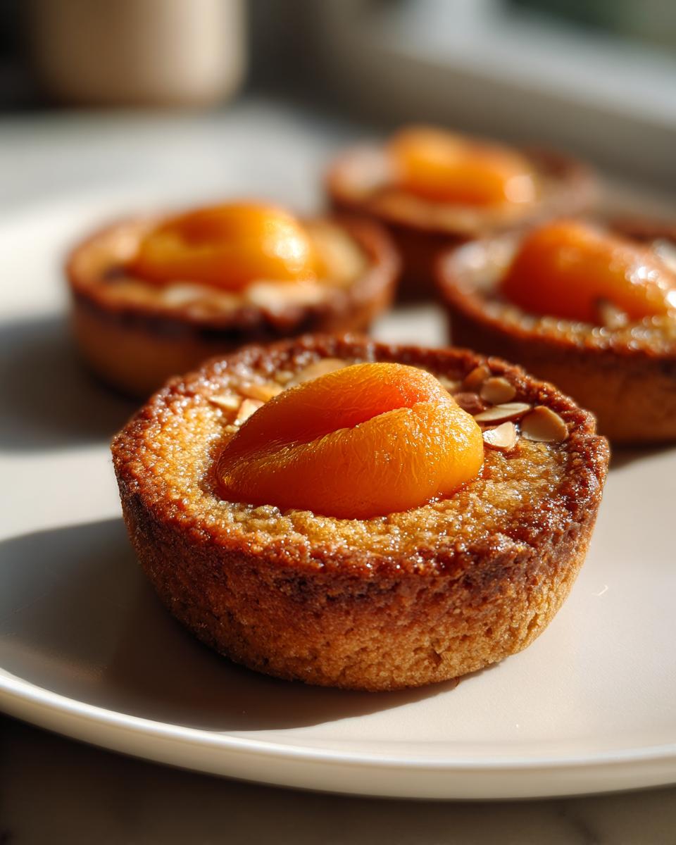 A close-up view of a freshly baked apricot-almond tartlet topped with a glistening apricot half and slivered almonds.