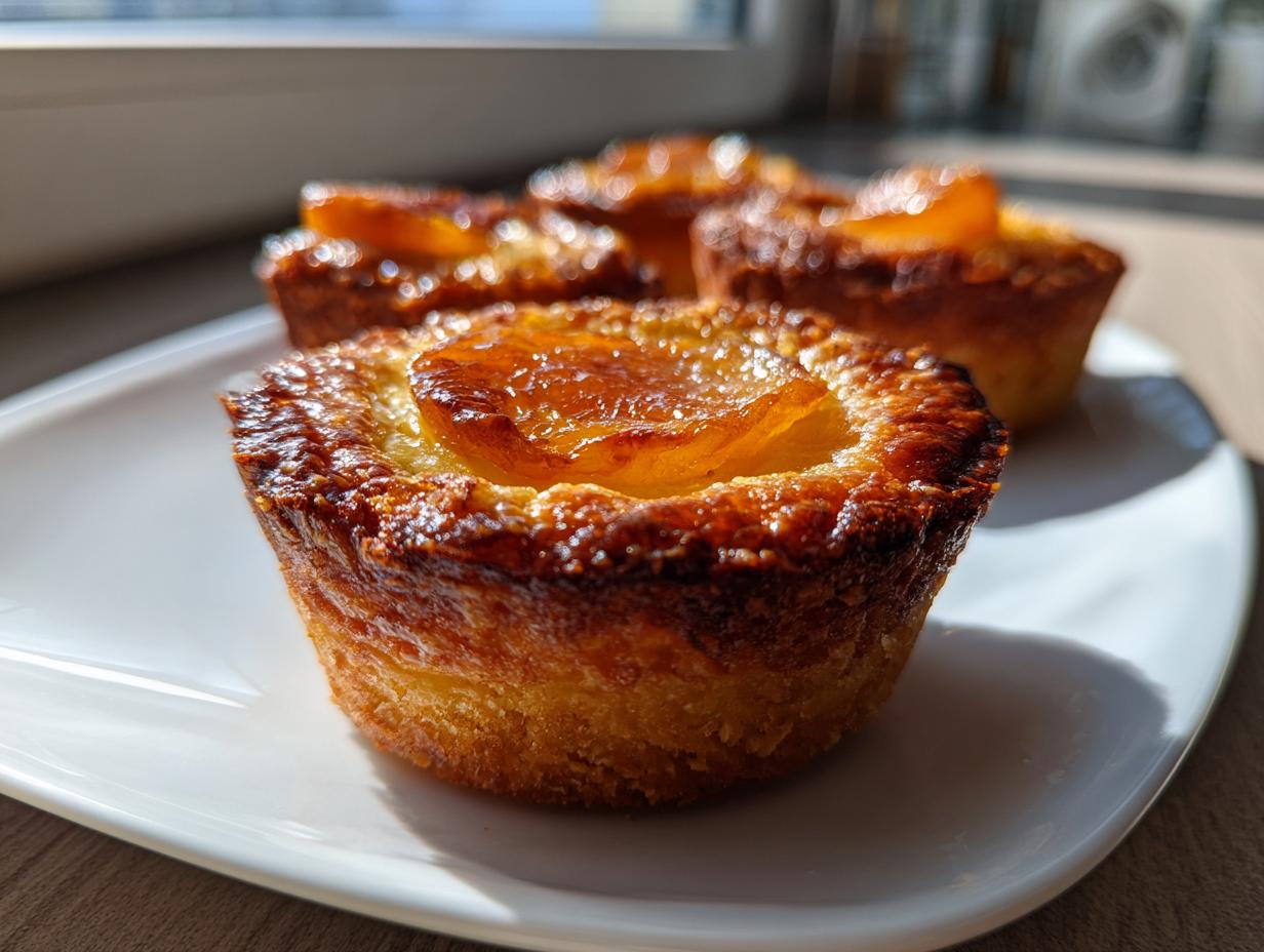 Close-up of a perfectly baked apricot-almond tartlet with a caramelized top, sitting on a white plate.