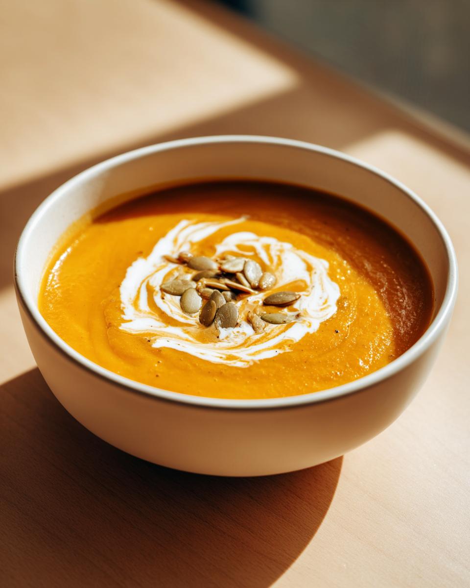 A close-up of a bowl of vibrant orange autumn squash soup, topped with a swirl of cream and toasted pumpkin seeds.