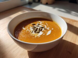 A close-up of a bowl of vibrant orange autumn squash soup, topped with cream swirl and toasted pumpkin seeds.
