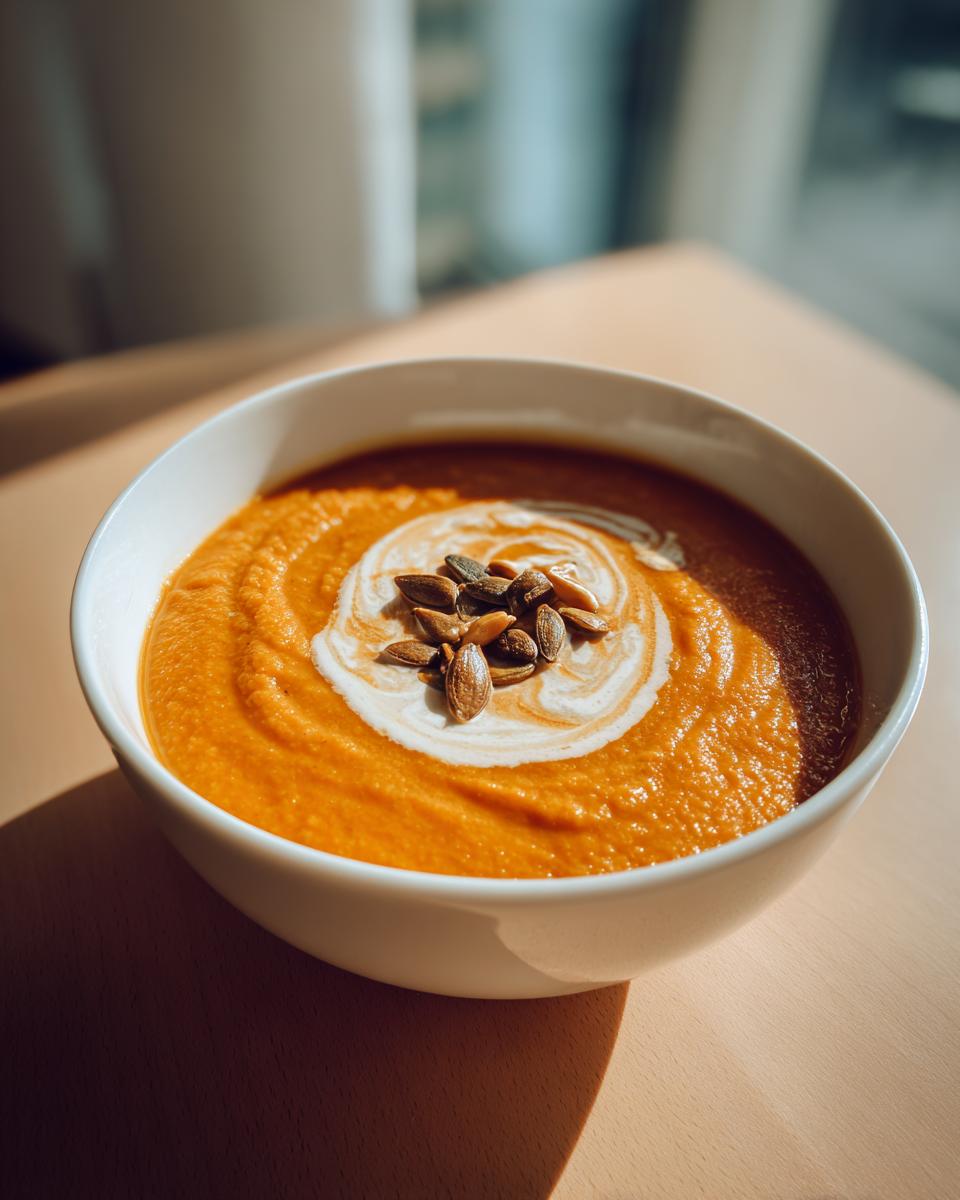 A vibrant orange bowl of creamy autumn squash soup, swirled with cream and topped with toasted pumpkin seeds.