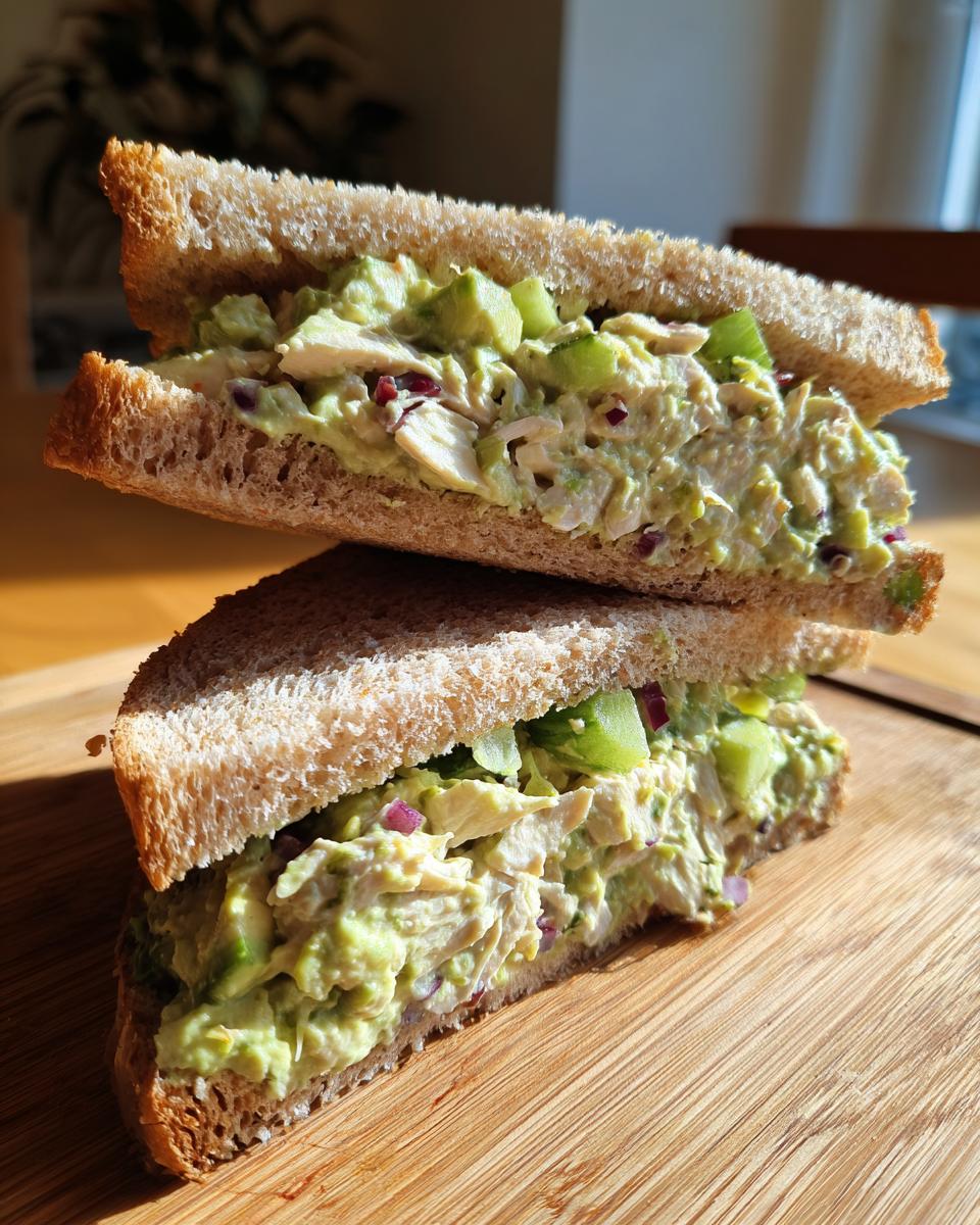 Two halves of an avocado chicken salad sandwich stacked on a wooden board, showing creamy filling.
