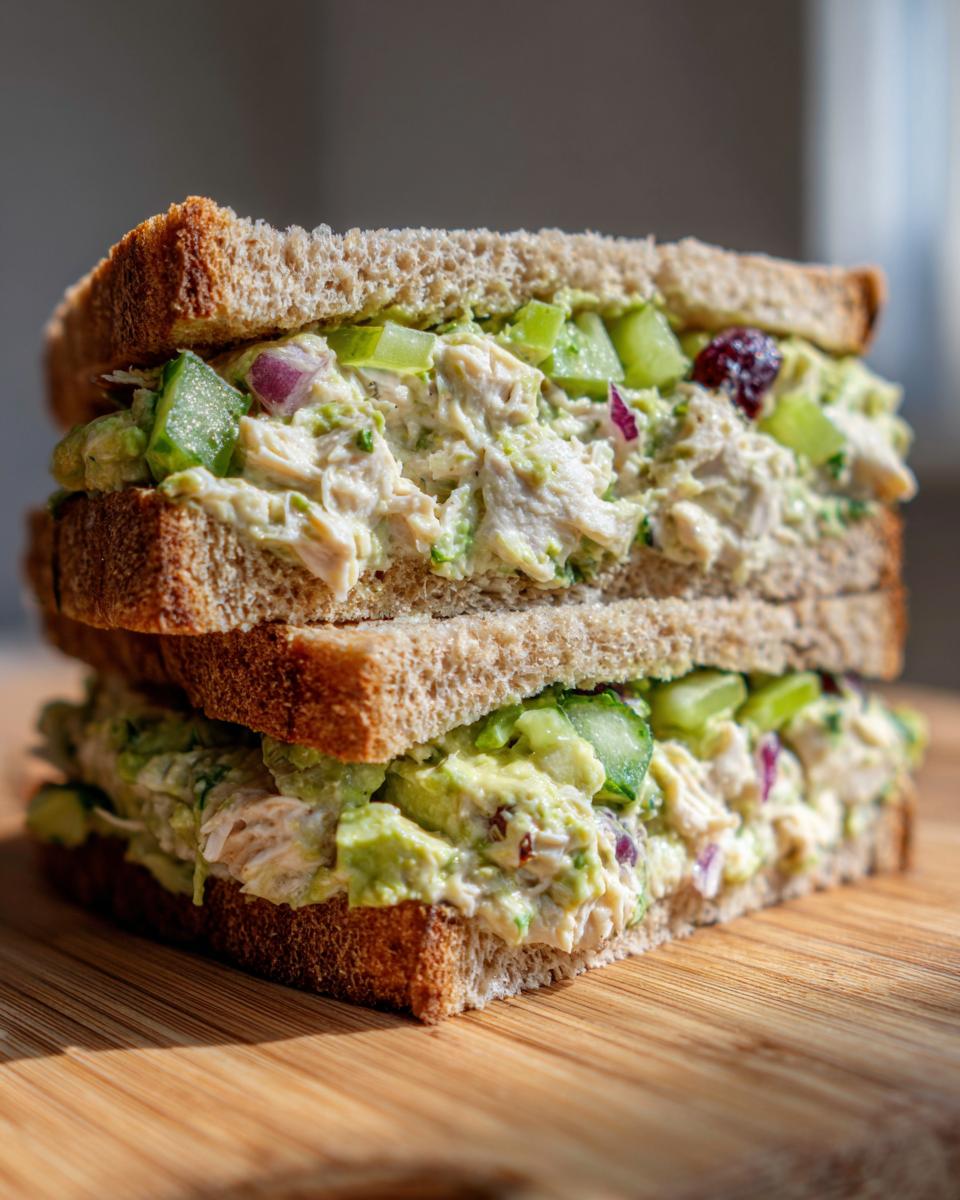 A stacked, halved avocado chicken salad sandwich made with whole wheat bread, showing creamy filling with celery and red onion.