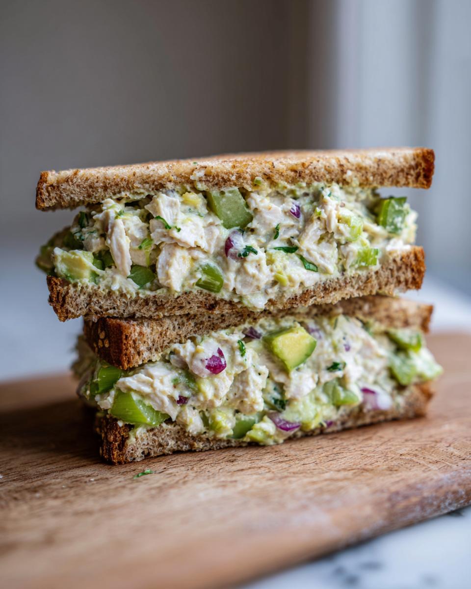 Two halves of an avocado chicken salad sandwich stacked on a wooden cutting board.