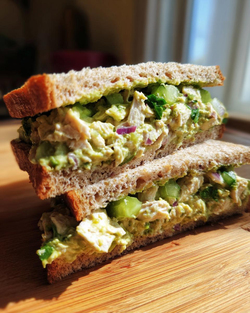 A stacked, halved avocado chicken salad sandwich made with whole wheat bread, showing creamy filling with chicken chunks and celery.