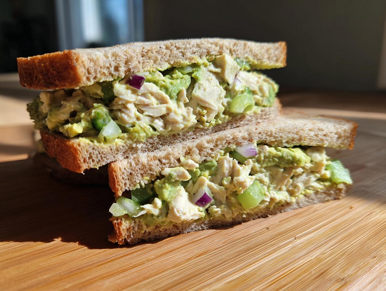 Two halves of an avocado chicken salad sandwich stacked on a wooden board, showing creamy filling with chicken, avocado, celery, and red onion.