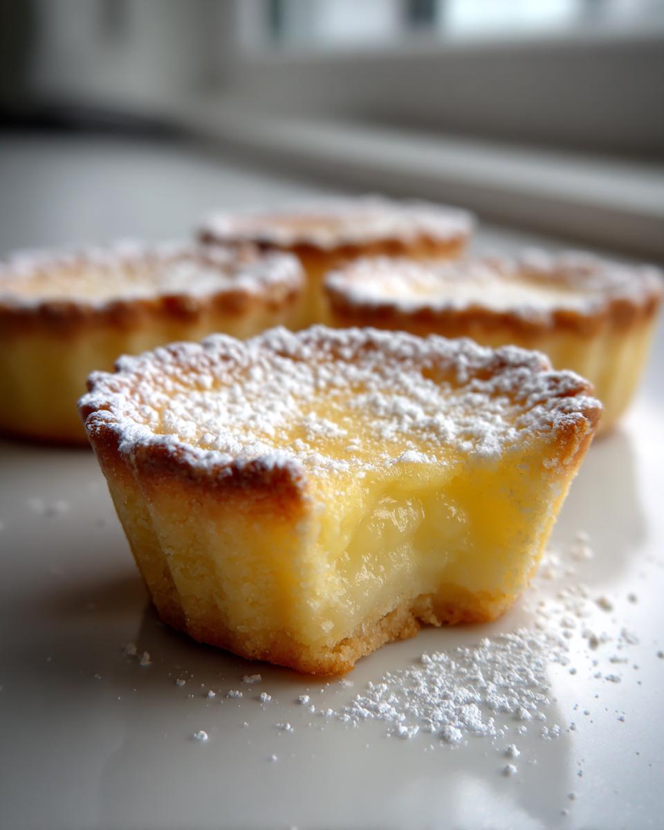 A close-up of a baby lemon impossible pie with a bite taken out, showing the creamy filling and dusted with powdered sugar.