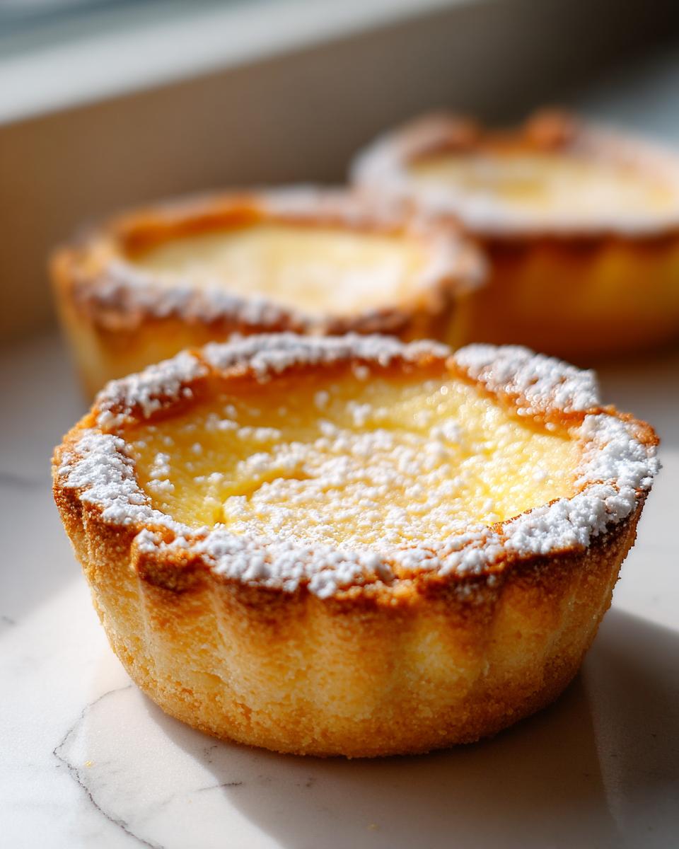 A close-up of one of the baby lemon impossible pies, dusted with powdered sugar, sitting on a marble surface.