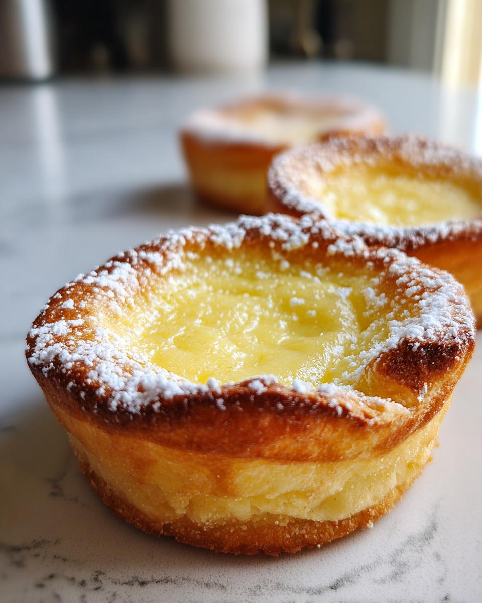 A close-up of one of the freshly baked baby lemon impossible pies, dusted with powdered sugar.