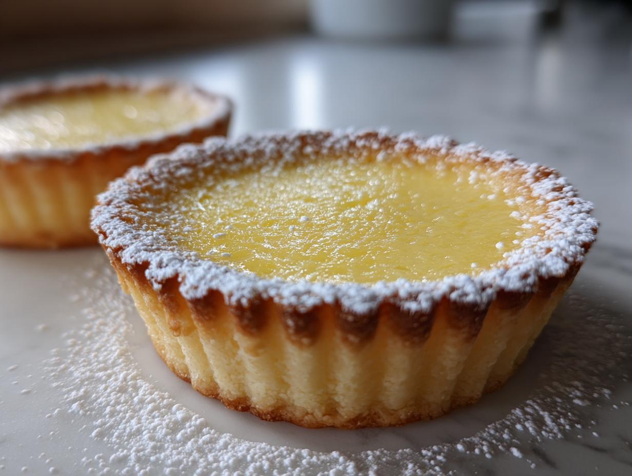 Close-up of a freshly baked baby lemon impossible pie dusted with powdered sugar on a white surface.