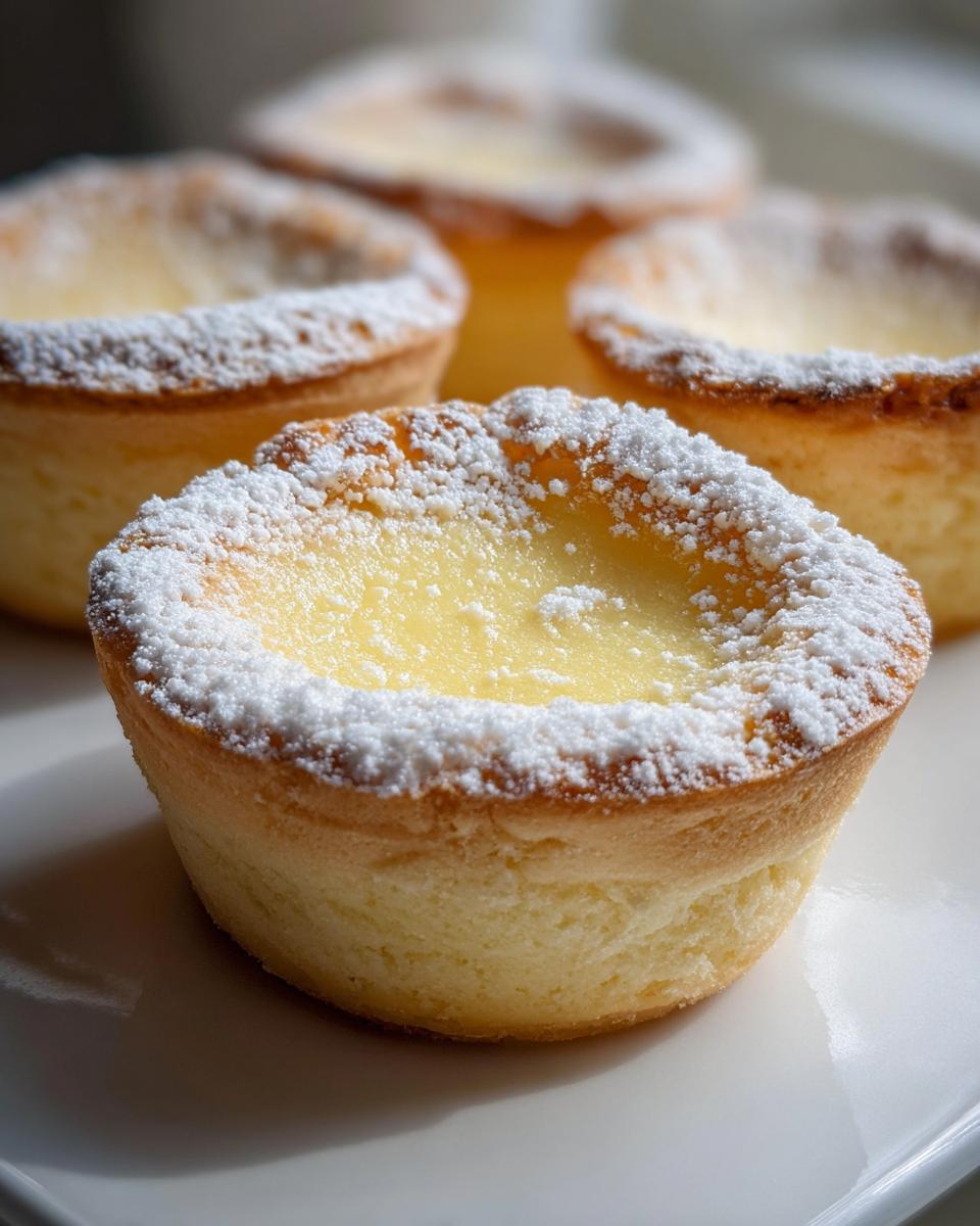 A close-up of one of the baby lemon impossible pies, dusted heavily with powdered sugar.