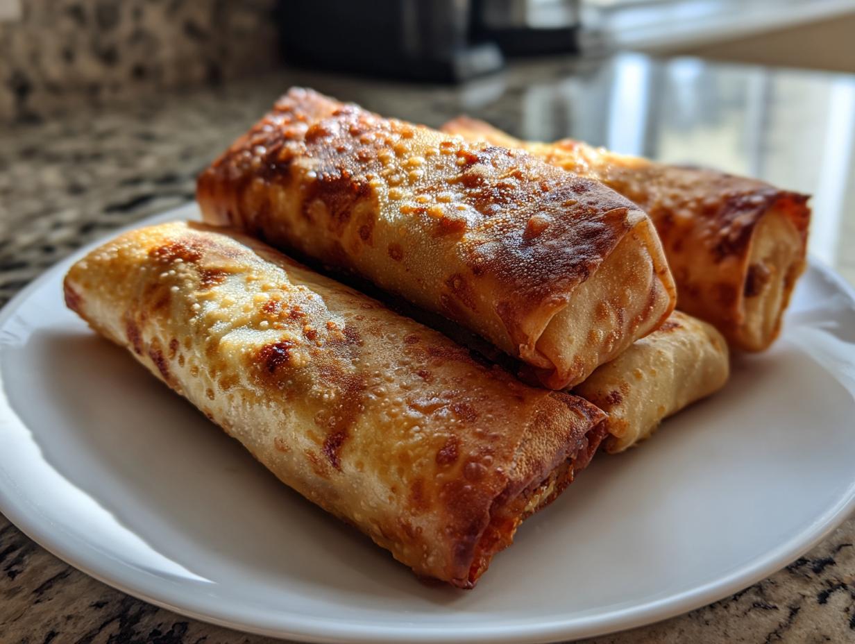 A stack of golden brown, crispy bacon cheeseburger egg rolls resting on a white plate.