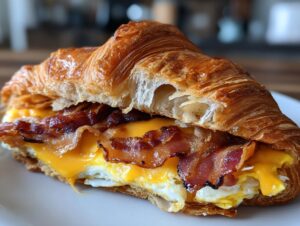 Close-up of a flaky croissant filled with scrambled egg, melted cheddar cheese, and crispy bacon, perfect for croissant breakfast sandwiches.