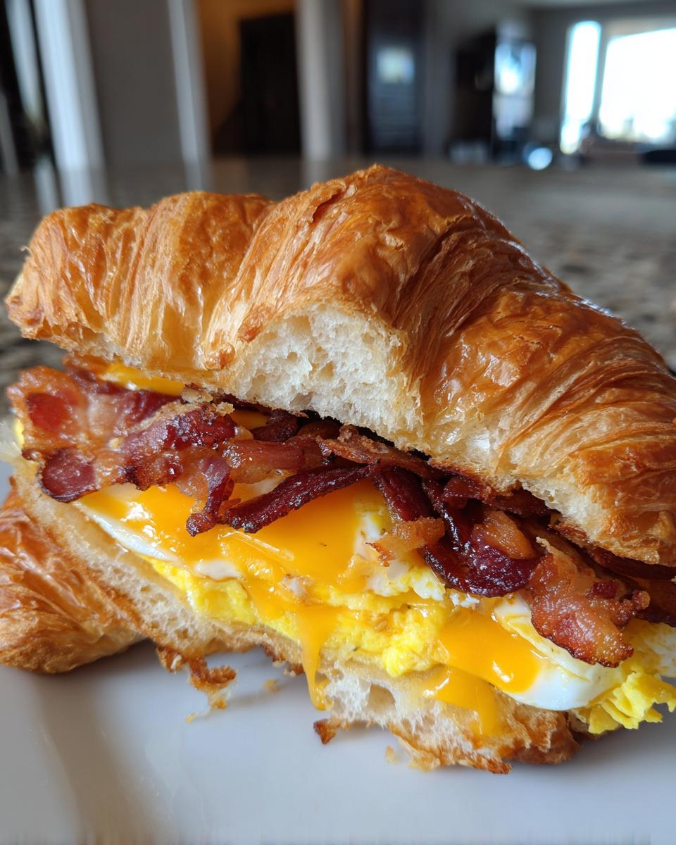 Close-up of a delicious croissant breakfast sandwich filled with fluffy scrambled egg, melted cheddar cheese, and crispy bacon.