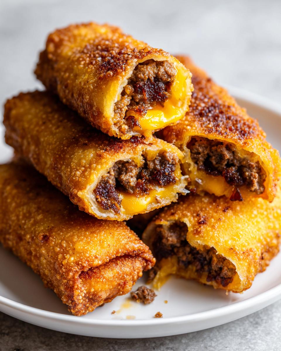Close-up of crispy, deep-fried bacon jam cheeseburger egg rolls stacked on a white plate, showing the melted cheese and seasoned ground beef filling.