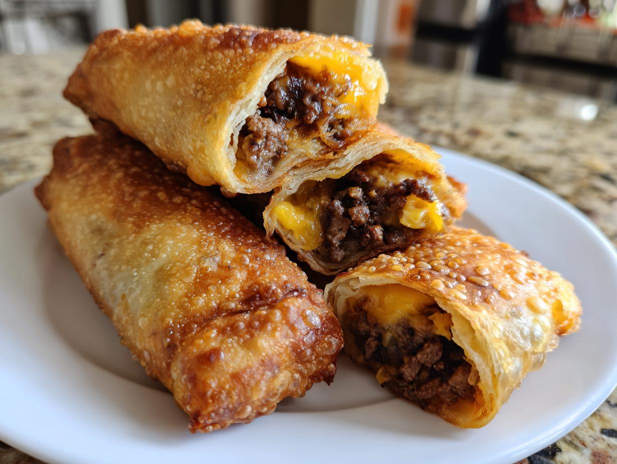 Close-up of crispy, golden-brown bacon jam cheeseburger egg rolls stacked on a white plate, one cut open showing the beef and melted cheese filling.