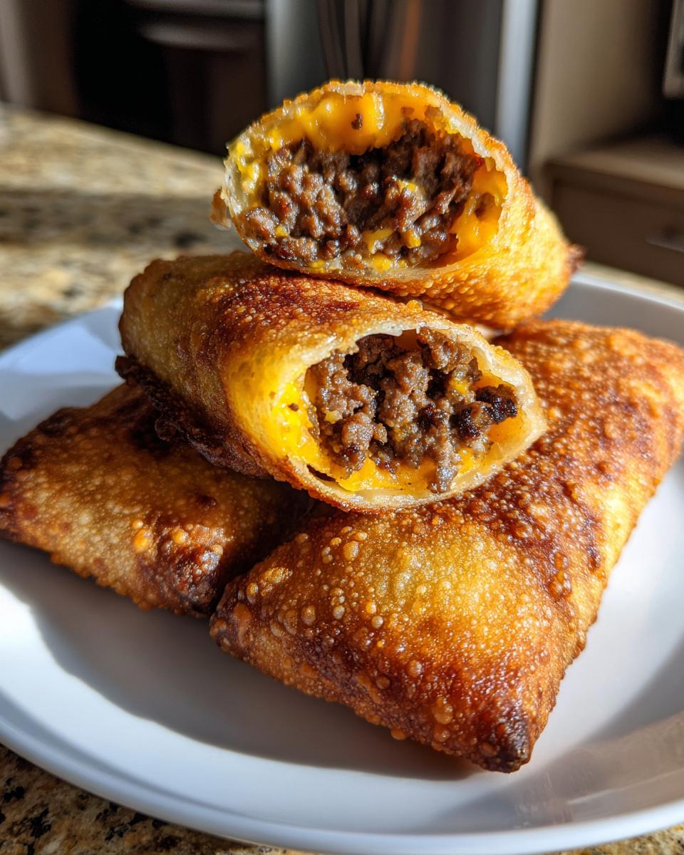 Close-up of crispy bacon jam cheeseburger egg rolls, one cut open showing ground beef and melted cheese filling.