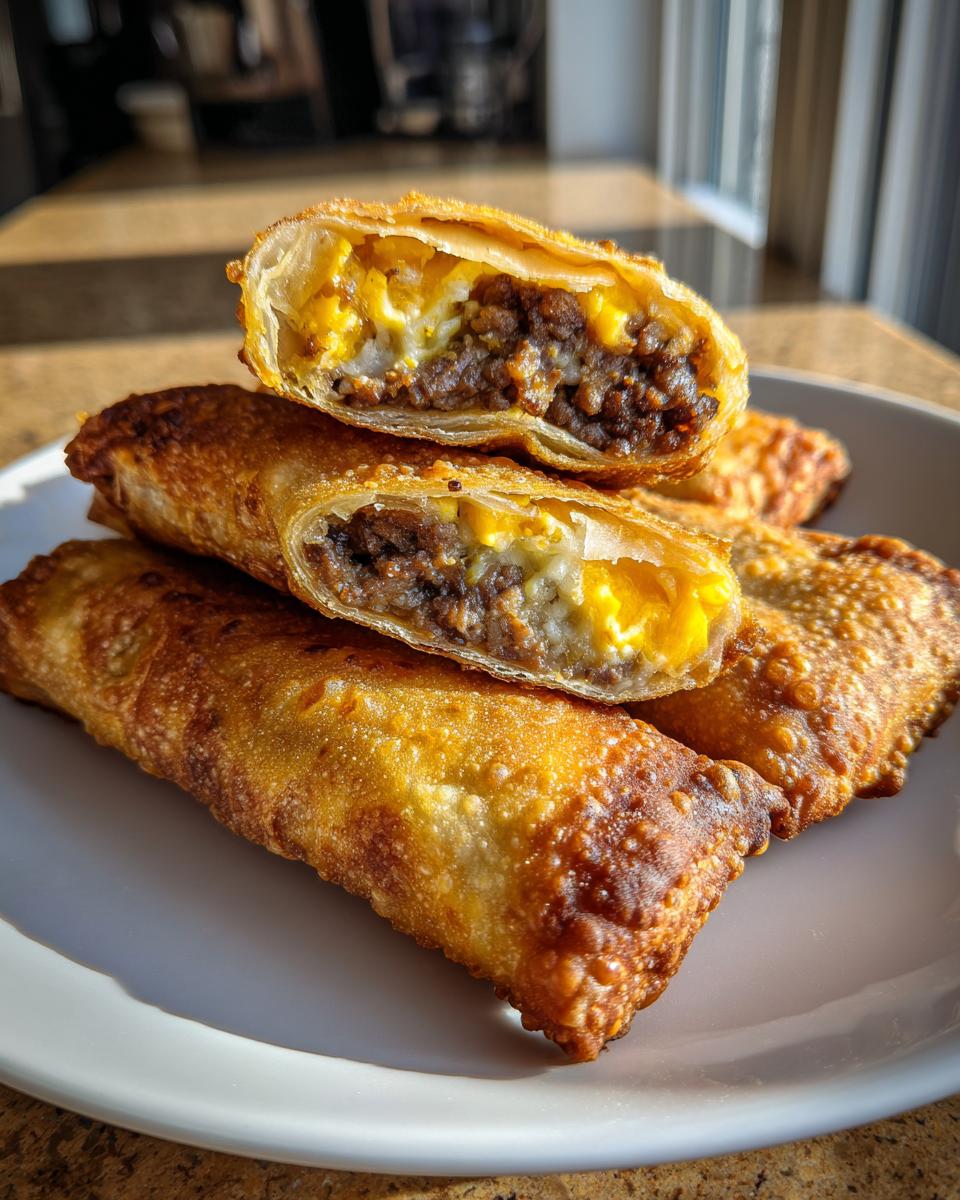 Close-up of crispy, golden brown bacon jam cheeseburger egg rolls stacked on a plate, one cut open showing beef, egg, and cheese filling.
