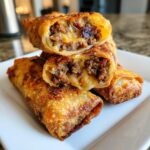 Close-up of crispy bacon jam cheeseburger egg rolls cut in half, showing melted cheese and savory filling.